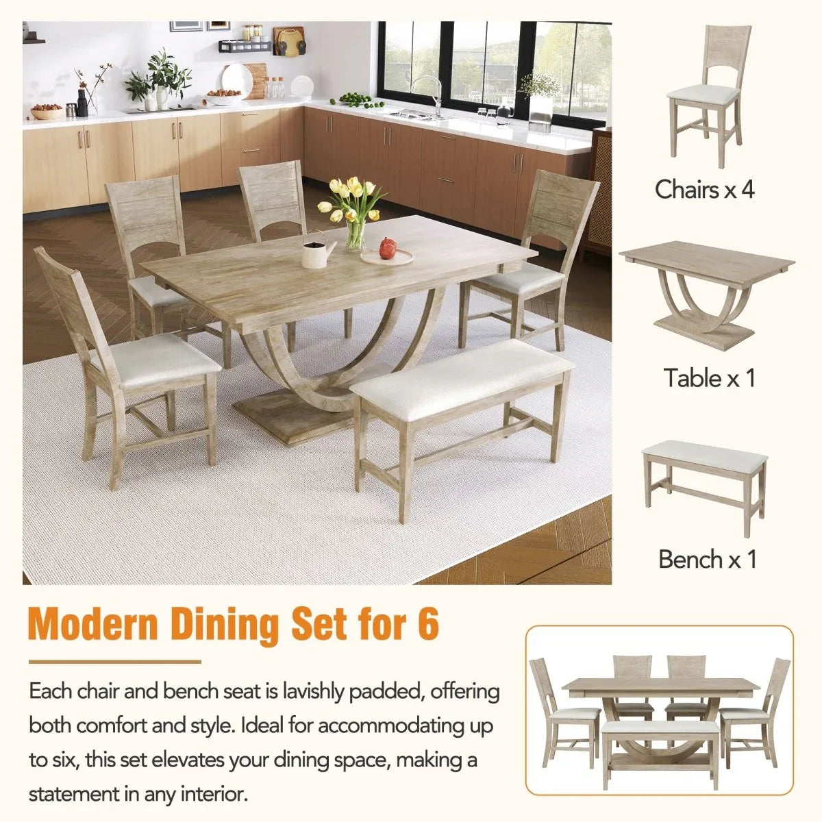 Modern Rubberwood Dining Table Set With Upholstered Seats - Omega Lifestyles