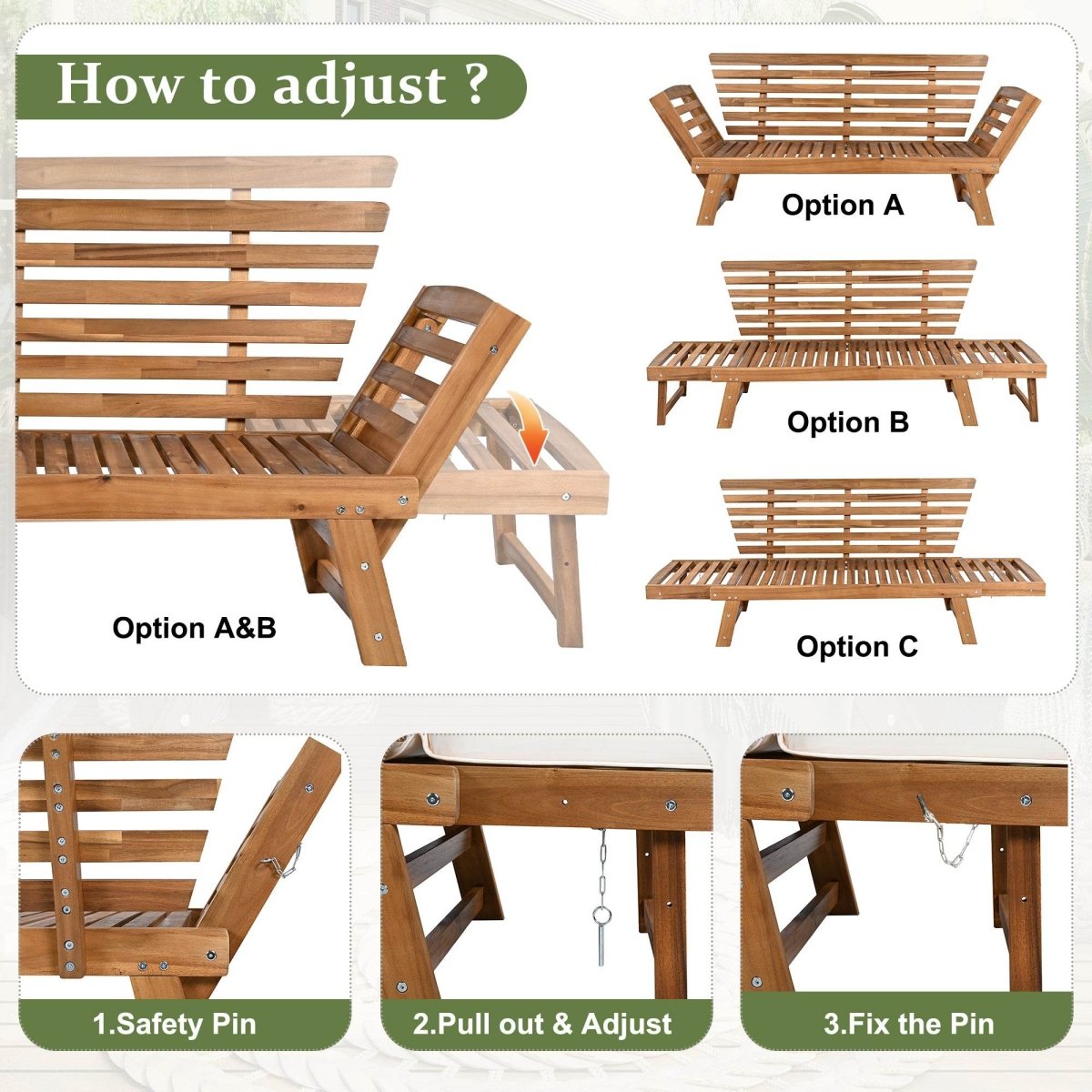 Outdoor Adjustable Acacia Wood Patio Daybed With Cushions - Omega Lifestyles