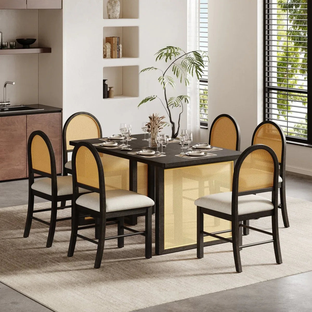 7-Piece Farmhouse Dining Table Set With Rattan Chairs - Omega Lifestyles