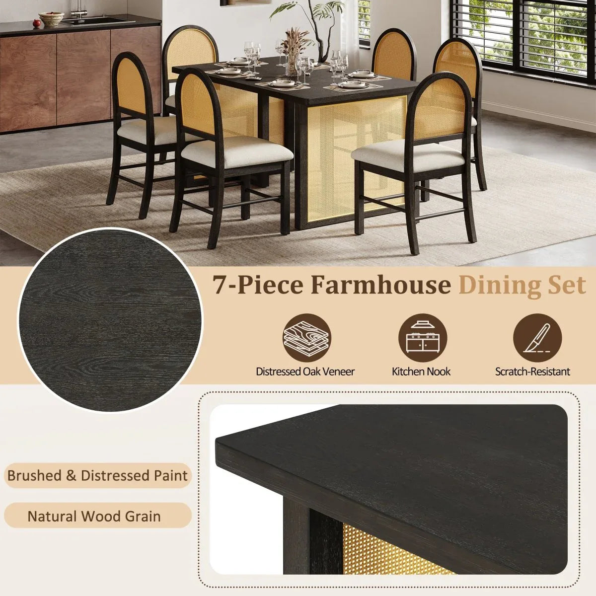 7-Piece Farmhouse Dining Table Set With Rattan Chairs - Omega Lifestyles