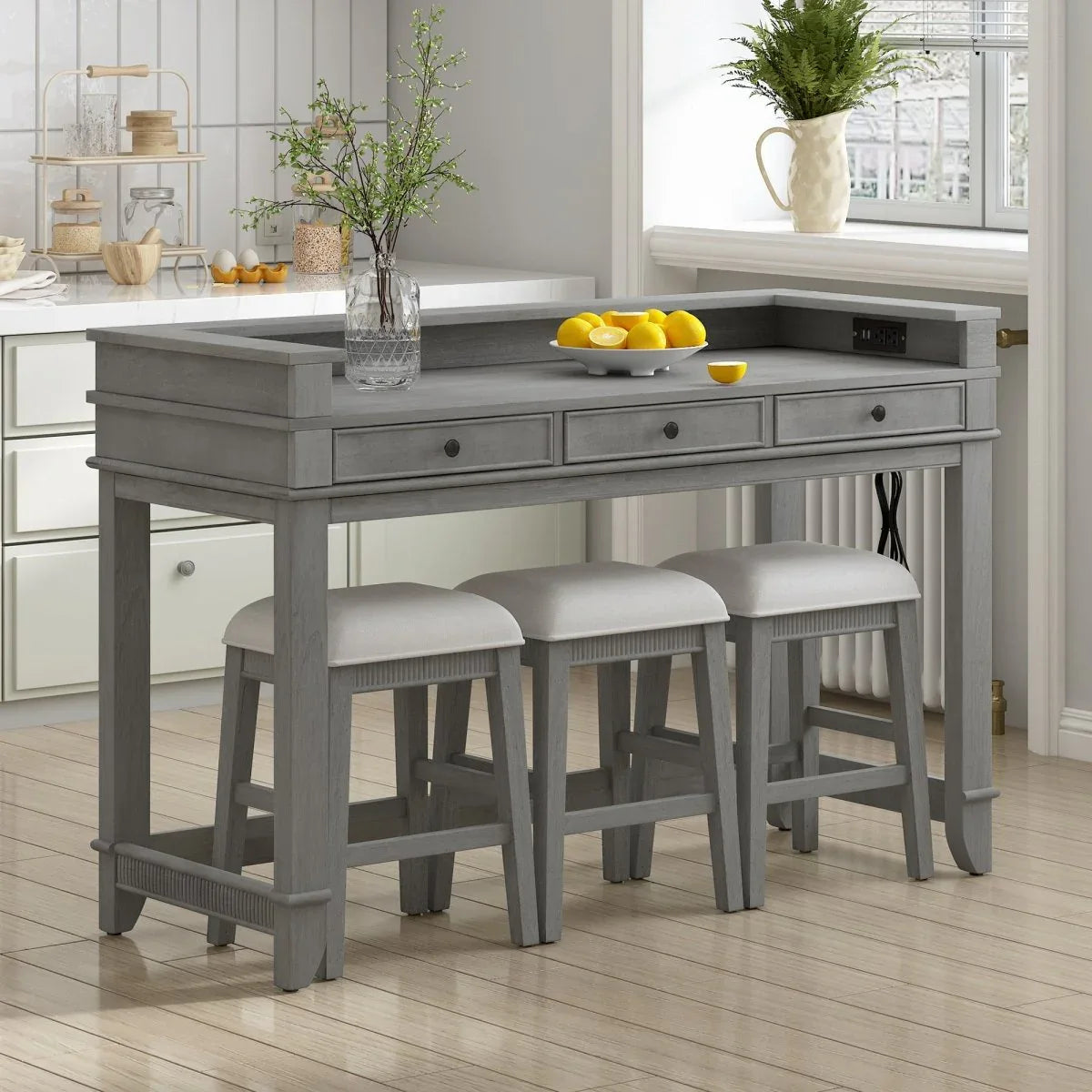 Retro Light Grey Solid Wood Bar Table Dining Set - Omega Lifestyles