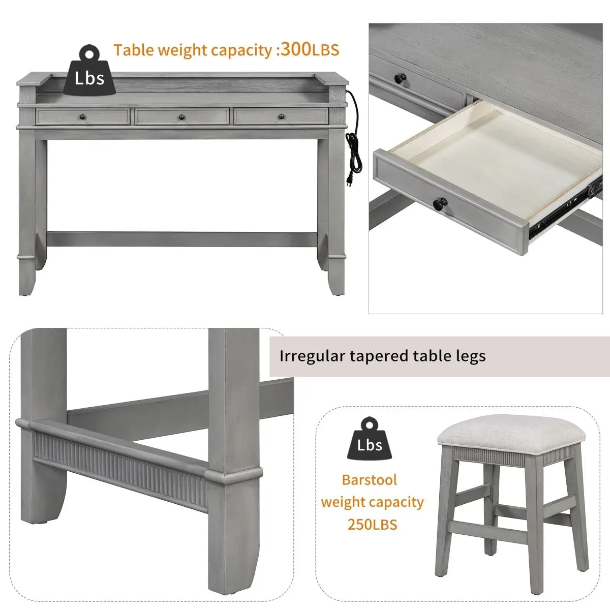 Retro Light Grey Solid Wood Bar Table Dining Set - Omega Lifestyles