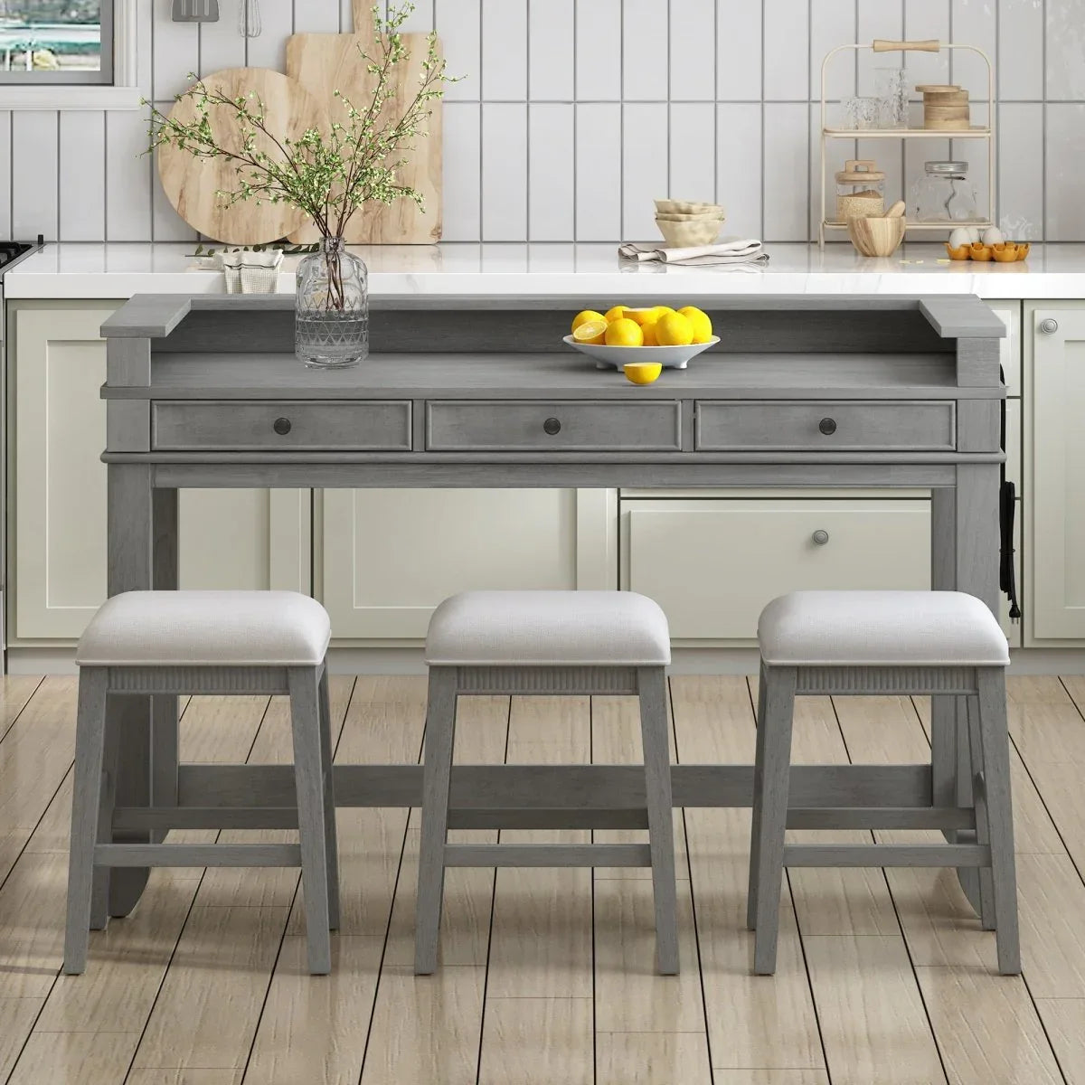 Retro Light Grey Solid Wood Bar Table Dining Set - Omega Lifestyles