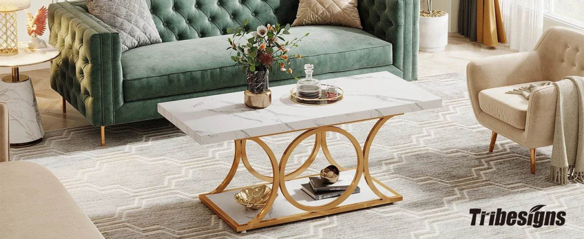 Modern 2-Tier Rectangular Marble Veneer Coffee Table - Omega Lifestyles