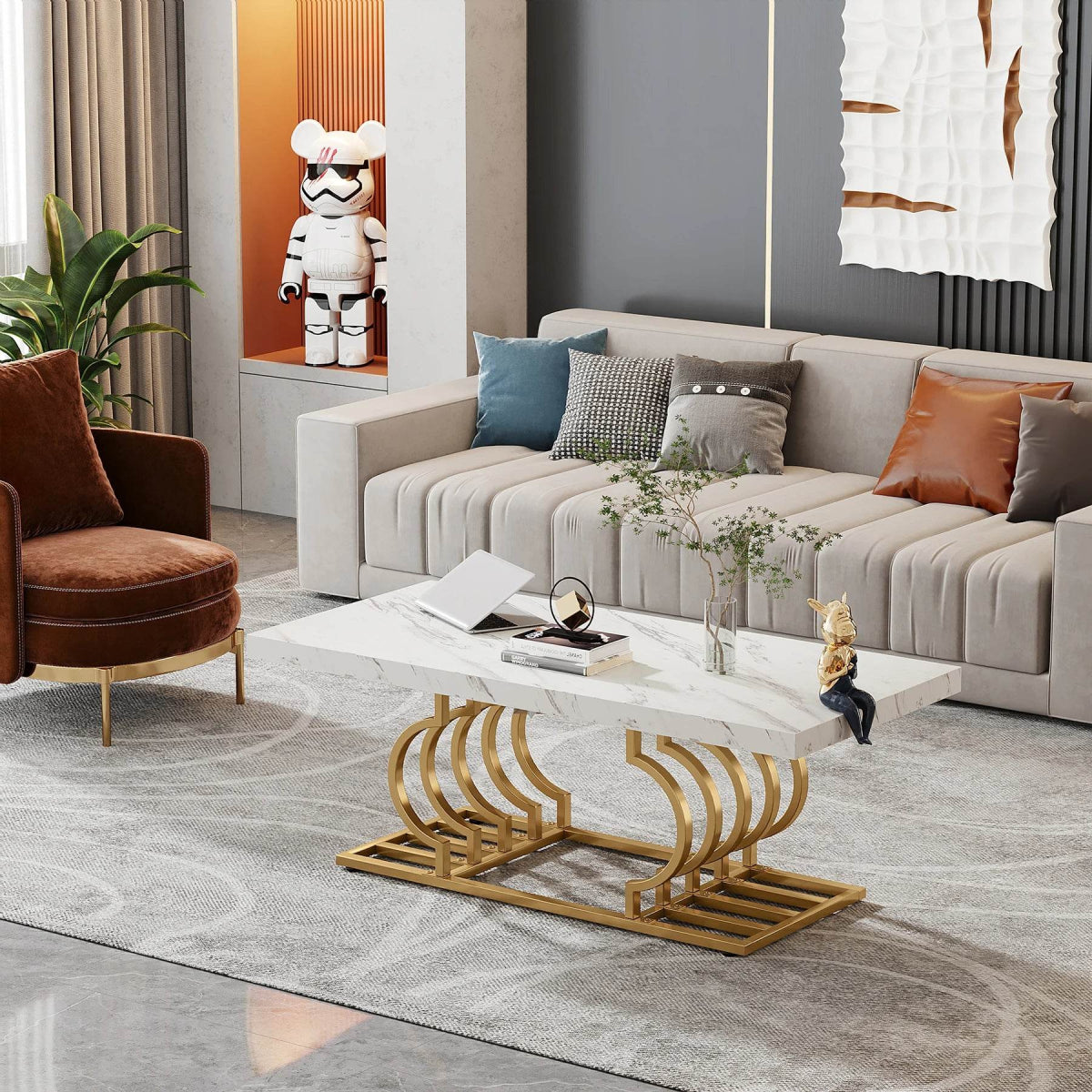 Modern 2-Tier Rectangular Marble Veneer Coffee Table - Omega Lifestyles