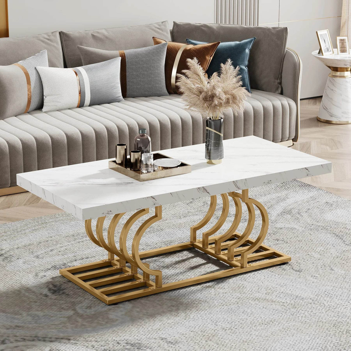 Modern 2-Tier Rectangular Marble Veneer Coffee Table - Omega Lifestyles