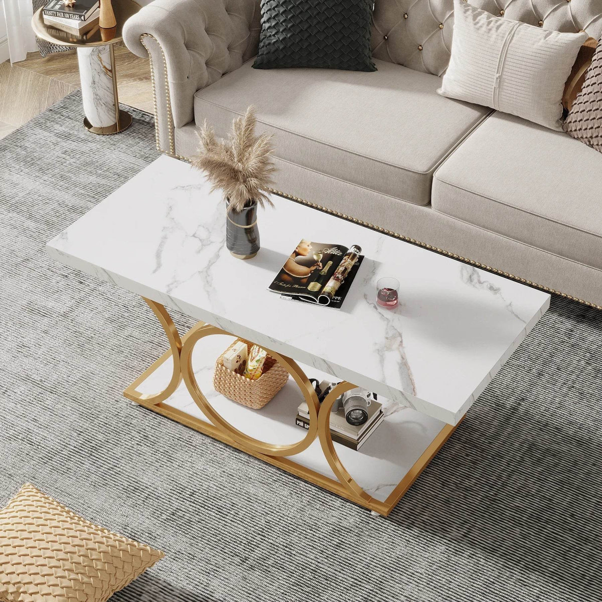Modern 2-Tier Rectangular Marble Veneer Coffee Table - Omega Lifestyles