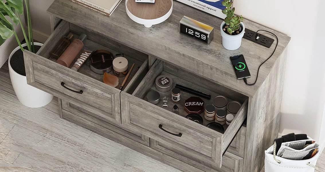 6-Drawer Modern Engineered Wood Dresser With Charging Station - Omega Lifestyles