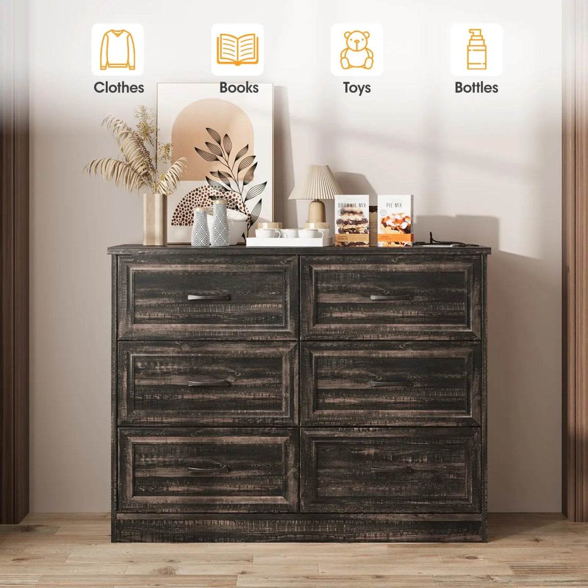 6-Drawer Modern Engineered Wood Dresser With Charging Station - Omega Lifestyles