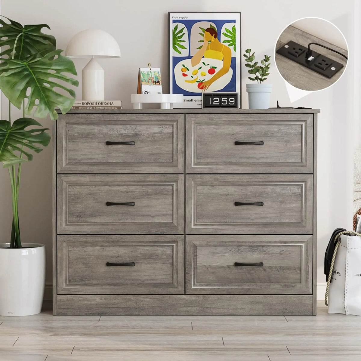 6-Drawer Modern Engineered Wood Dresser With Charging Station - Omega Lifestyles