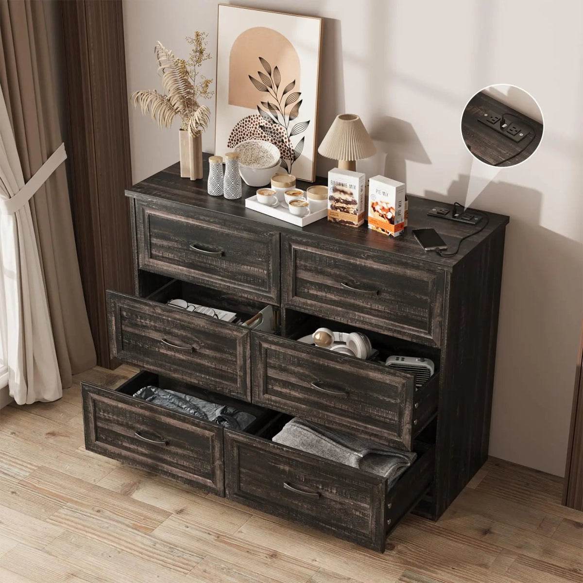 6-Drawer Modern Wood Dresser With Charging Station - Omega Lifestyles