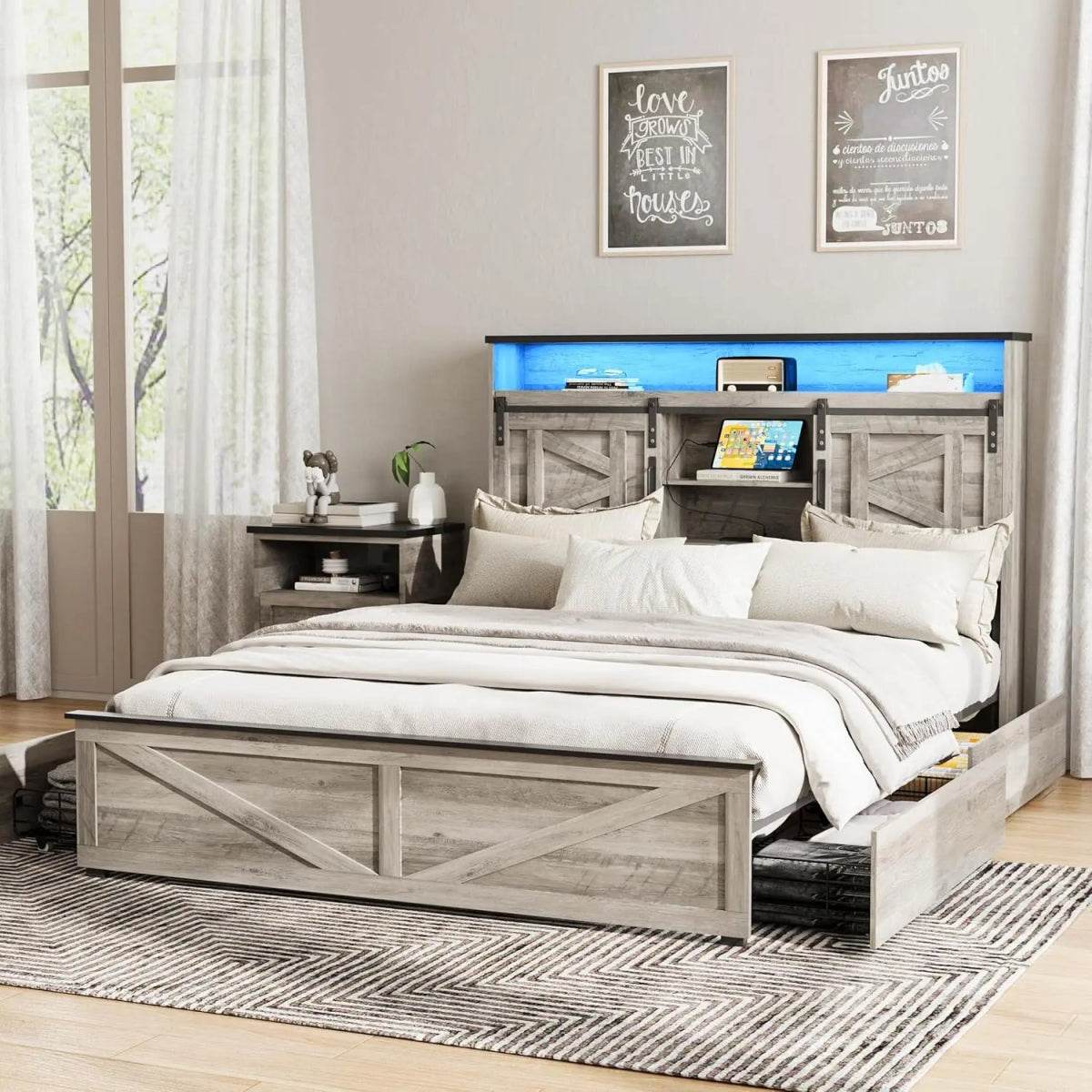 Platform Bed Frame With Storage Drawers LED Lighting Power Strip - Omega Lifestyles