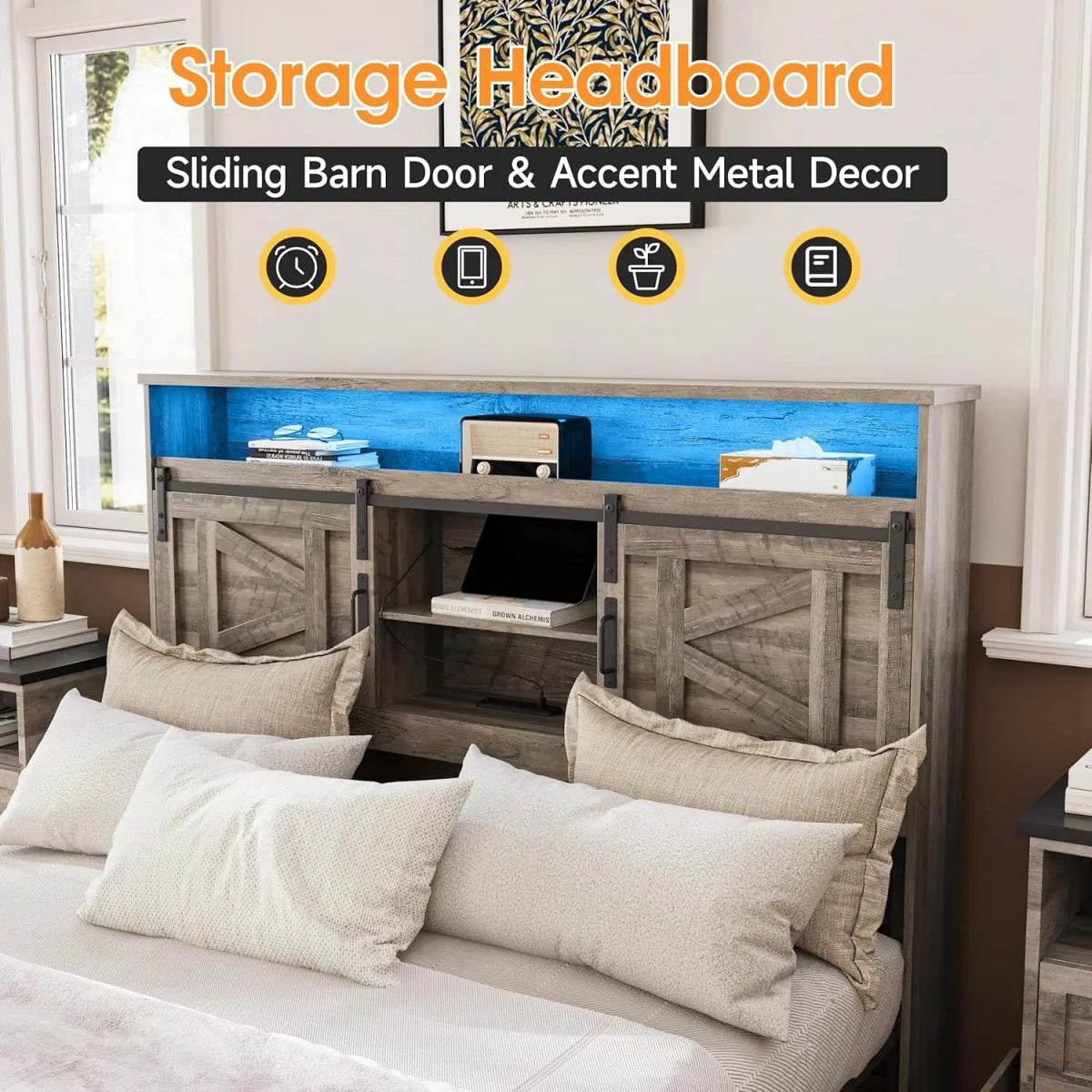 Platform Bed Frame With Storage Drawers LED Lighting Power Strip - Omega Lifestyles