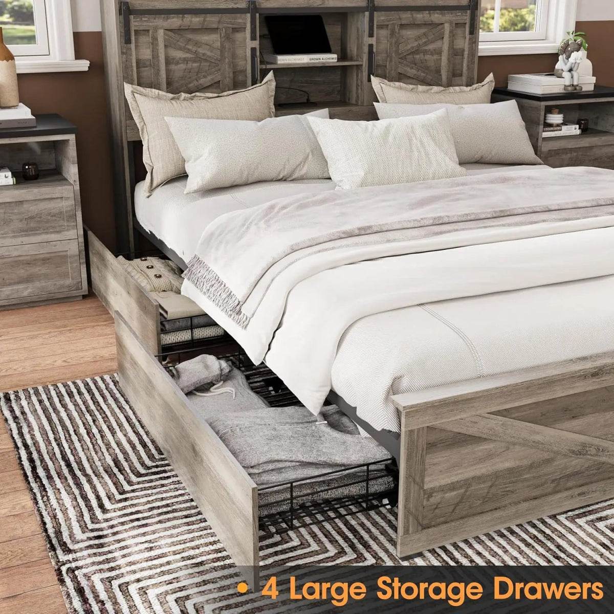 Platform Bed Frame With Storage Drawers LED Lighting Power Strip - Omega Lifestyles