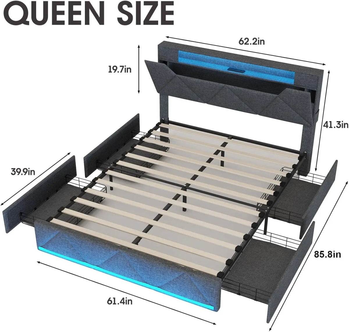 Upholstered Bed Frame With Storage Drawers Charging Station - Omega Lifestyles