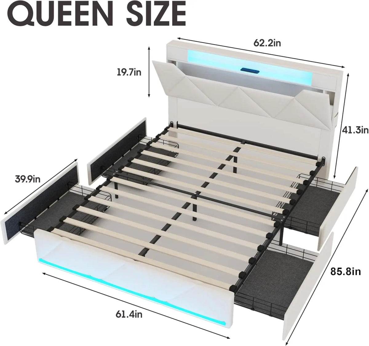 Upholstered Bed Frame With Storage Drawers Charging Station - Omega Lifestyles