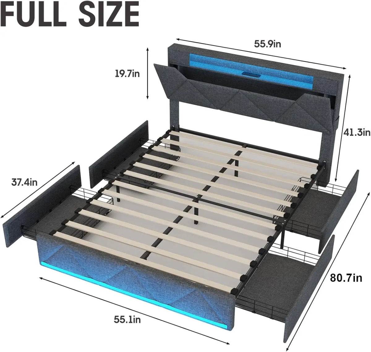 Upholstered Bed Frame With Storage Drawers Charging Station - Omega Lifestyles