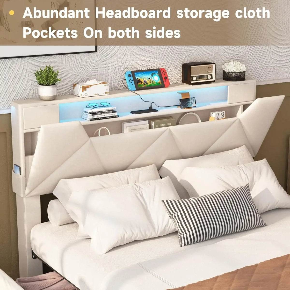 Upholstered Bed Frame With Storage Drawers Charging Station - Omega Lifestyles