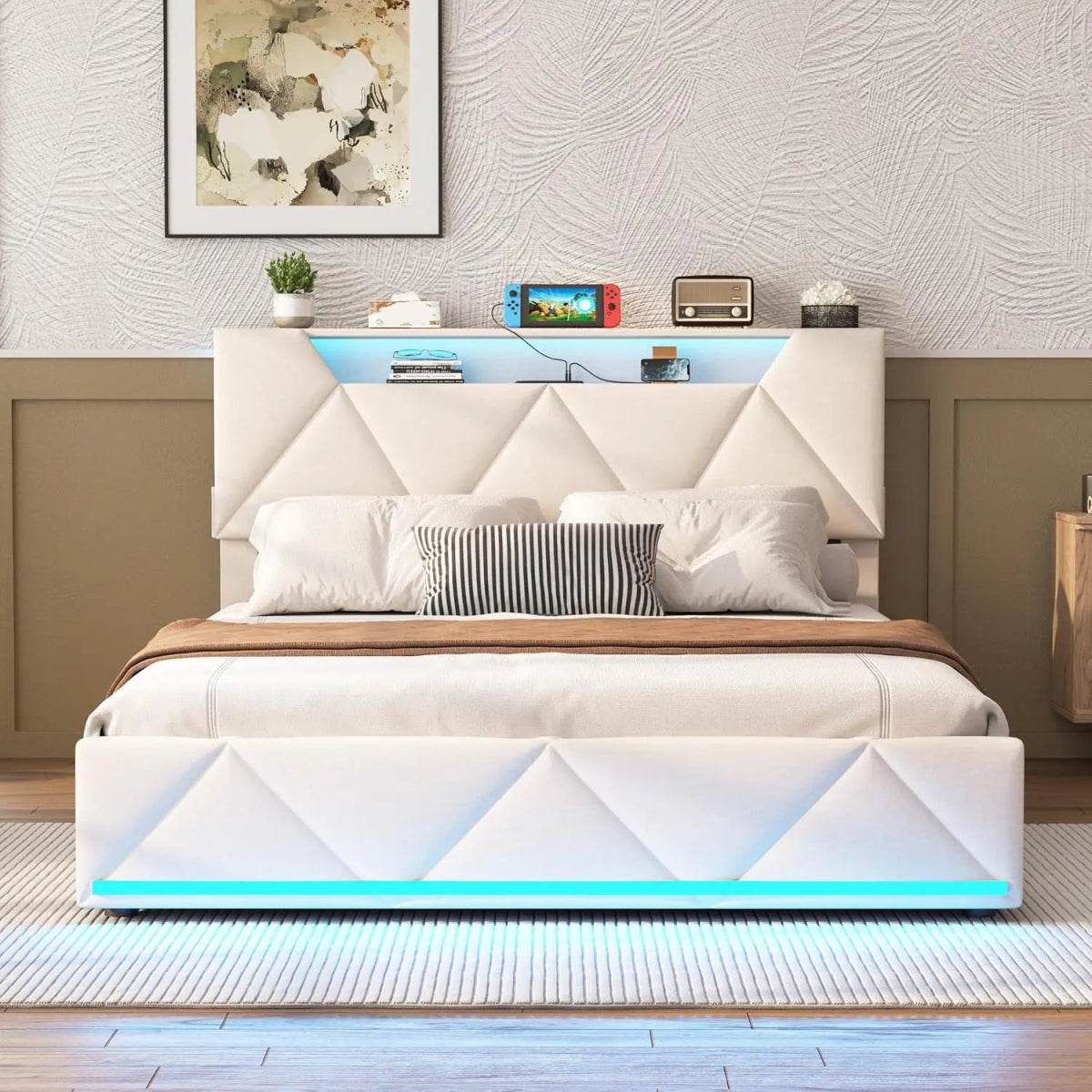 Upholstered Bed Frame With Storage Drawers Charging Station - Omega Lifestyles