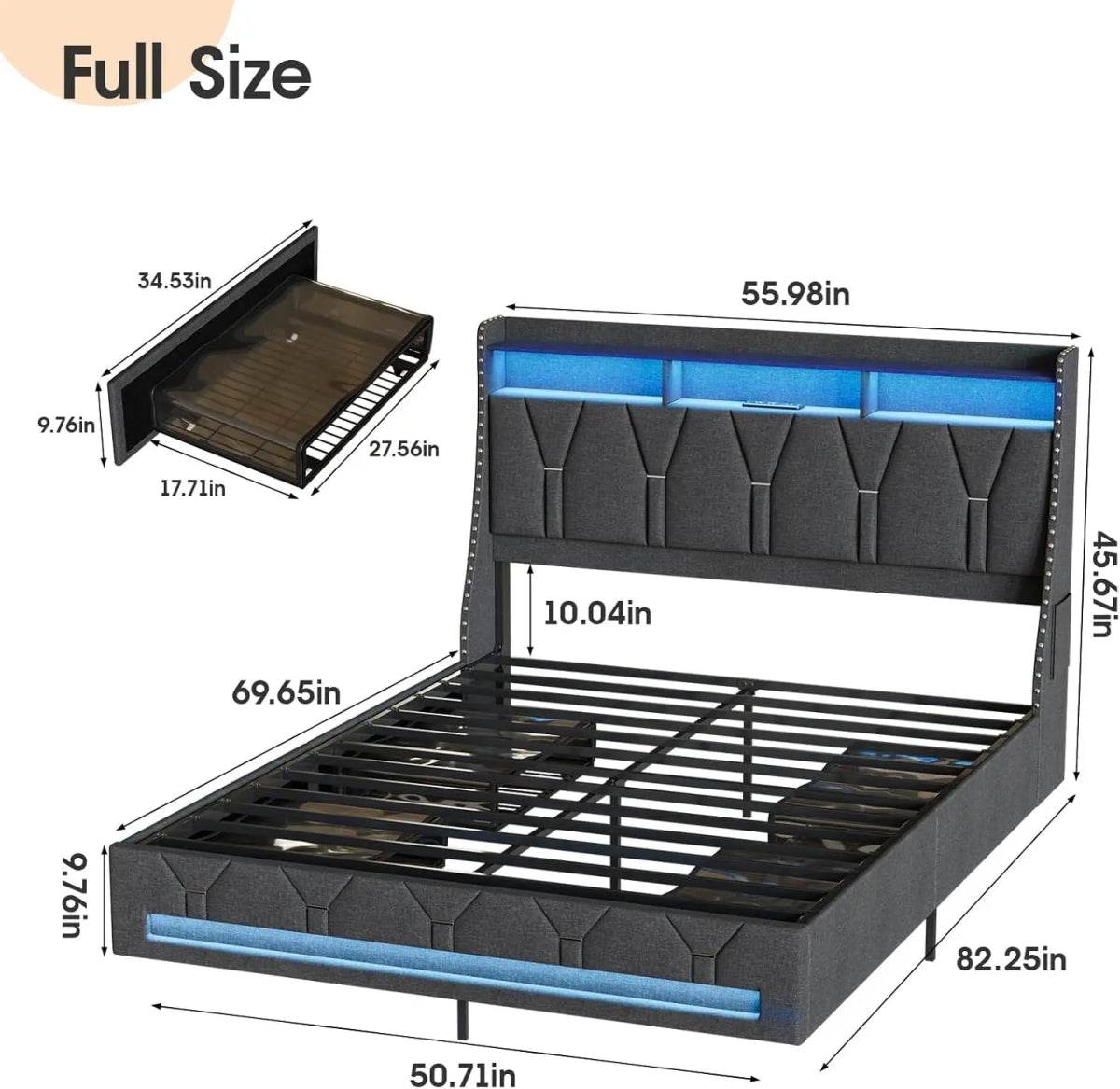 Upholstered Platform Bed Frame With Storage Drawers And LED Light - Omega Lifestyles