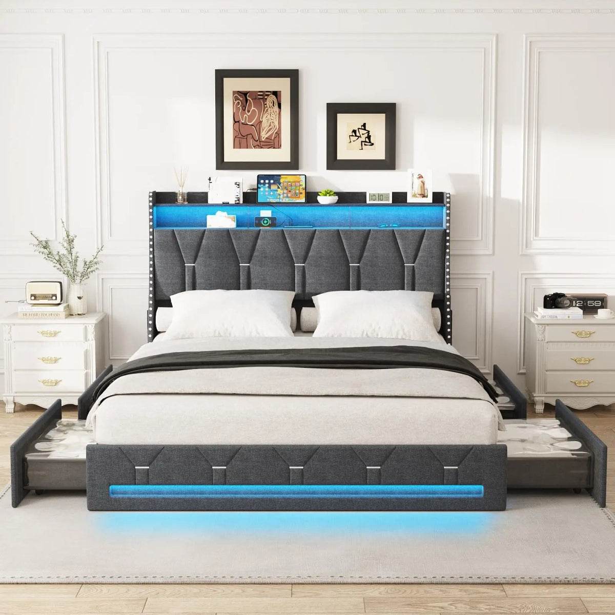 Upholstered Platform Bed Frame With Storage Drawers And LED Light - Omega Lifestyles