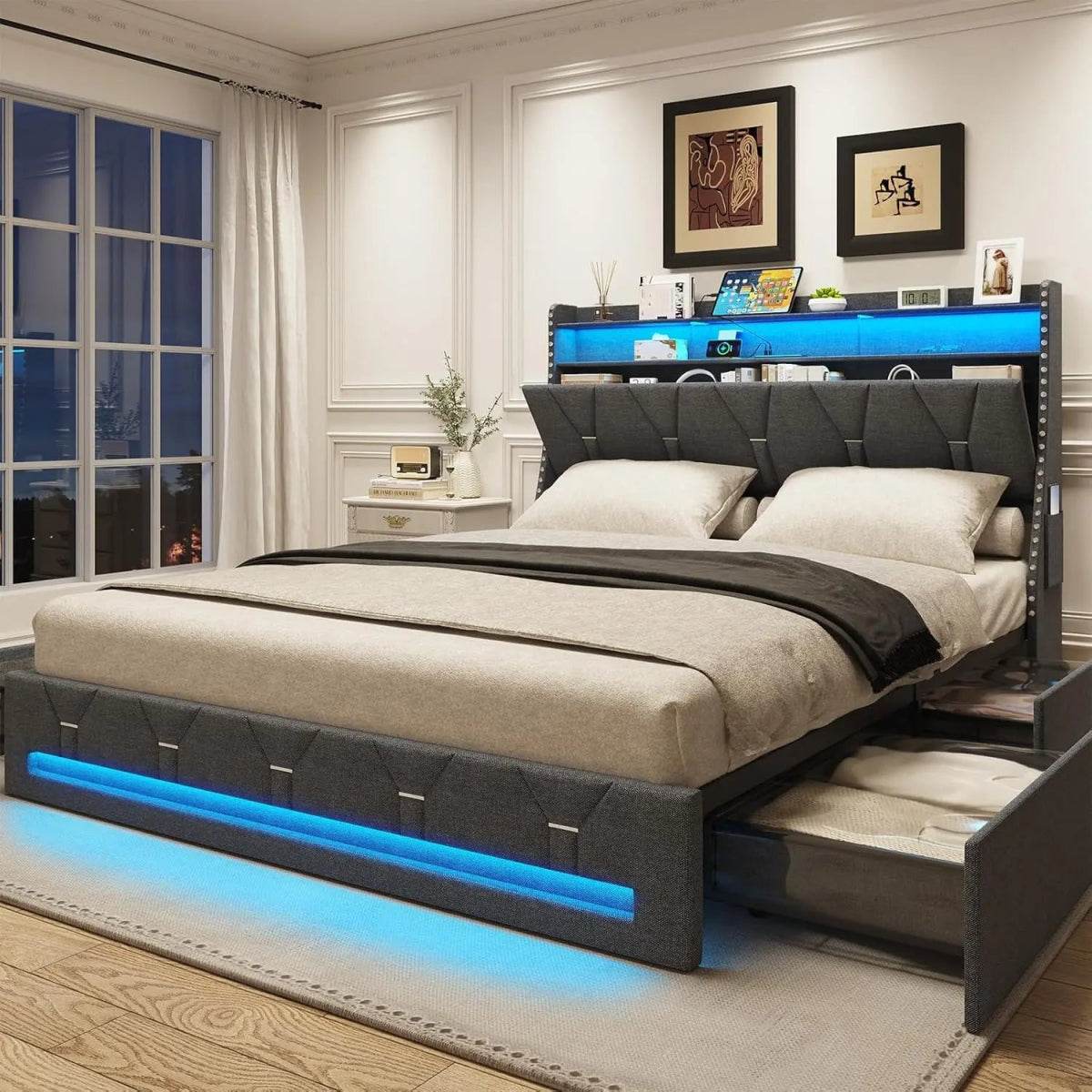 Upholstered Platform Bed Frame With Storage Drawers And LED Light - Omega Lifestyles