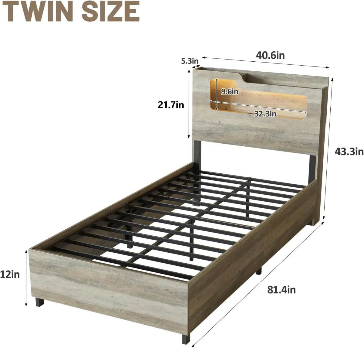 Wooden Platform Bed Frame With Storage Power Outlet LED Light - Omega Lifestyles