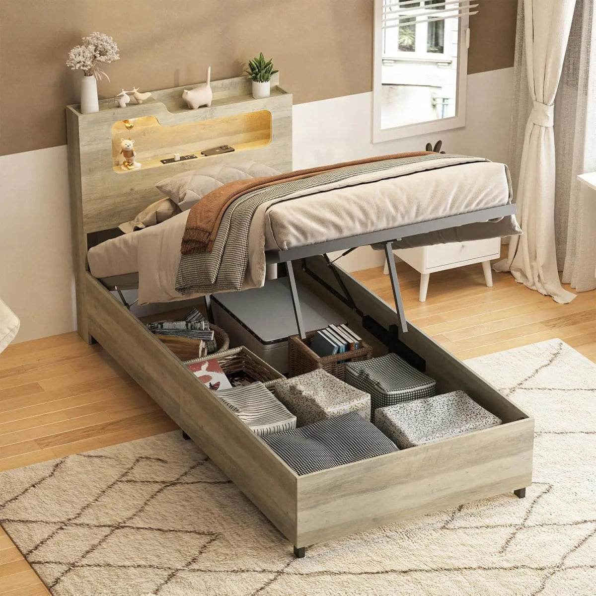 Wooden Platform Bed Frame With Storage Power Outlet LED Light - Omega Lifestyles