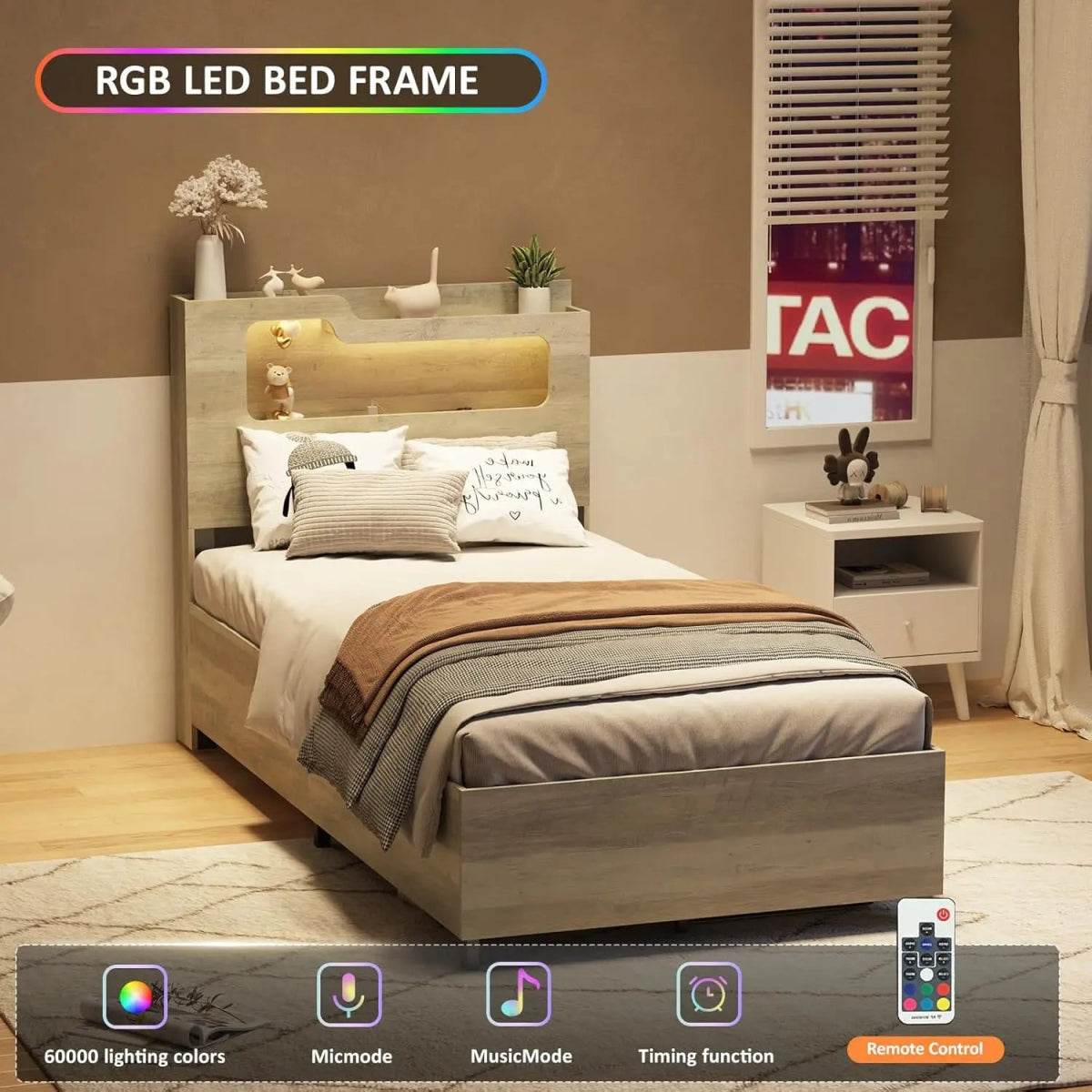 Wooden Platform Bed Frame With Storage Power Outlet LED Light - Omega Lifestyles