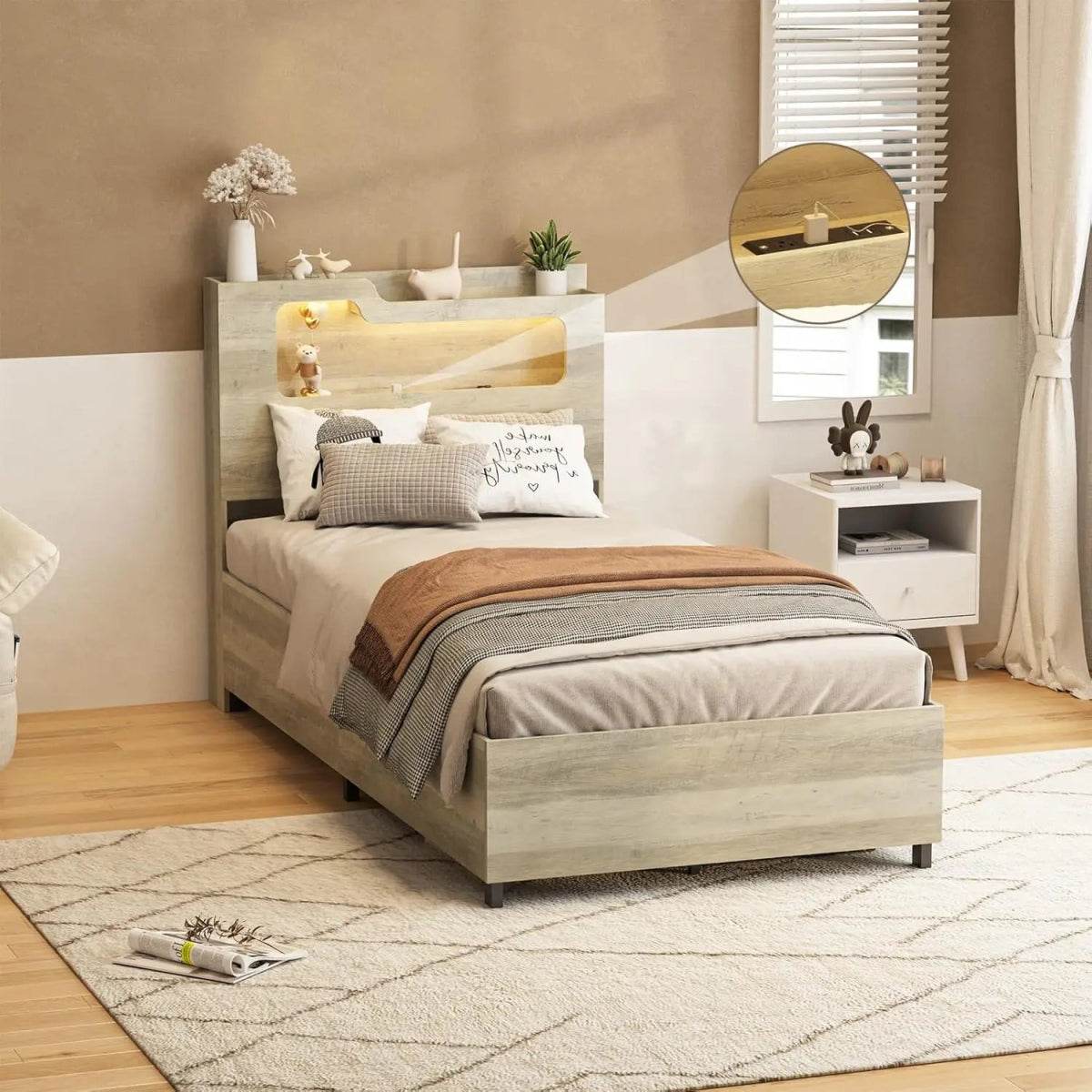 Wooden Platform Bed Frame With Storage Power Outlet LED Light - Omega Lifestyles