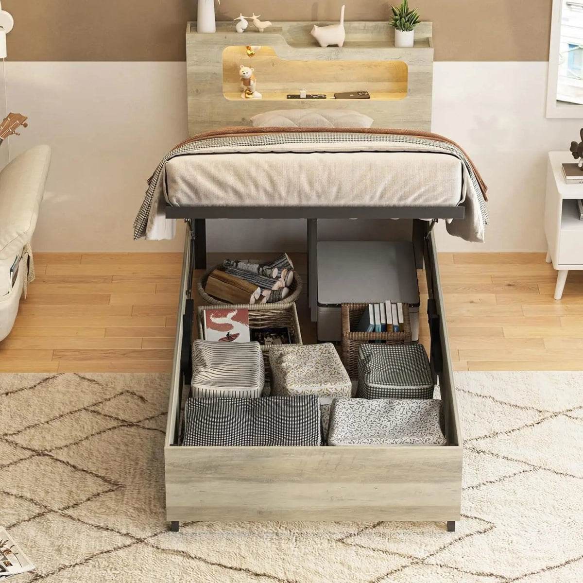 Wooden Platform Bed Frame With Storage Power Outlet LED Light - Omega Lifestyles