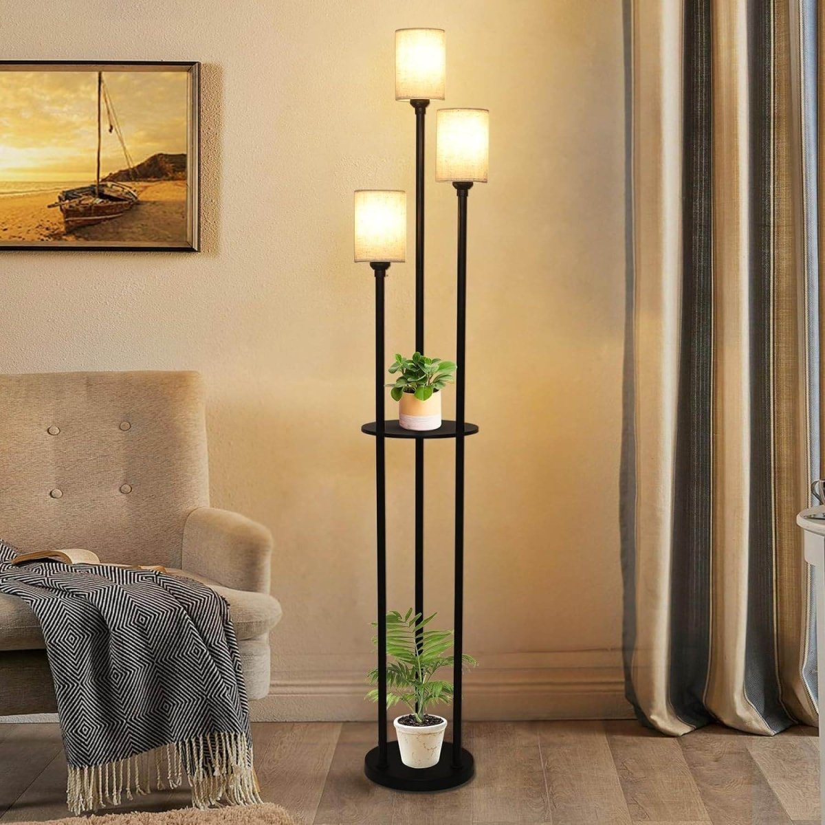 3-Light Industrial Floor Lamp With Shelves and Foot Switch - Sleep Galleria