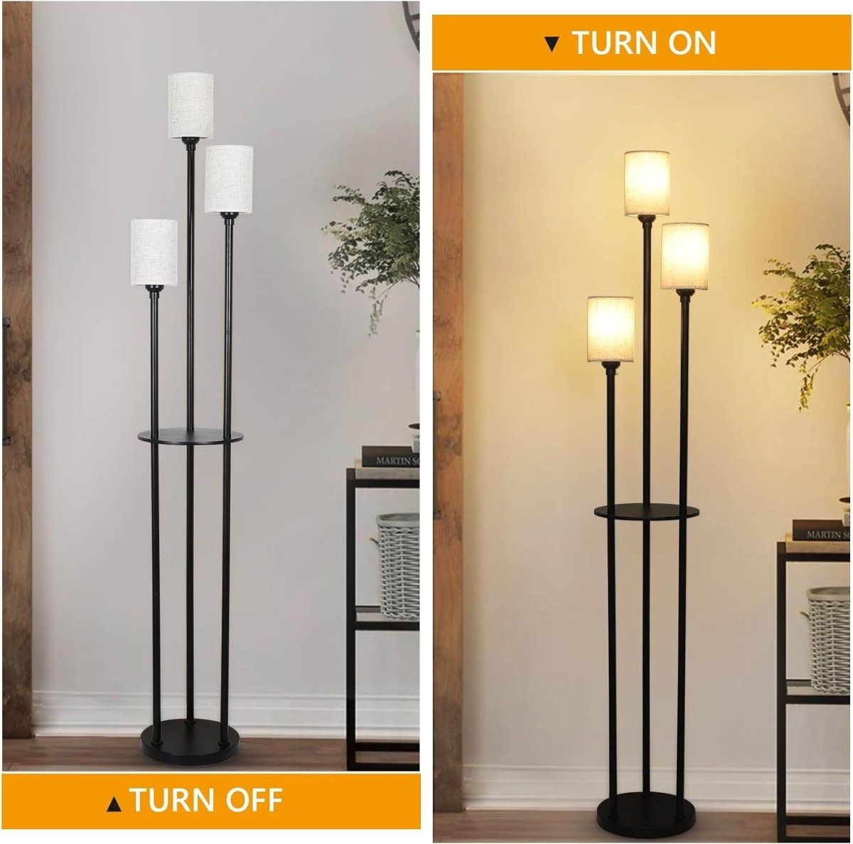 3-Light Industrial Floor Lamp With Shelves and Foot Switch - Sleep Galleria