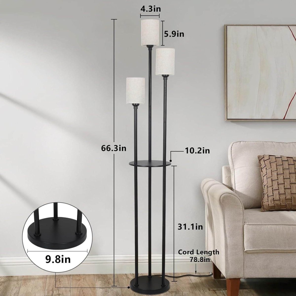 3-Light Industrial Floor Lamp With Shelves and Foot Switch - Sleep Galleria