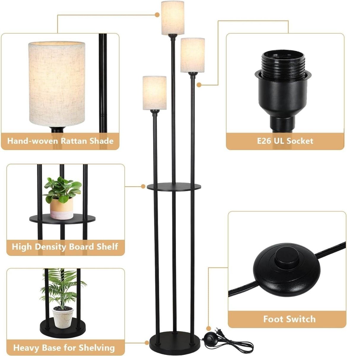 3-Light Industrial Floor Lamp With Shelves and Foot Switch - Sleep Galleria