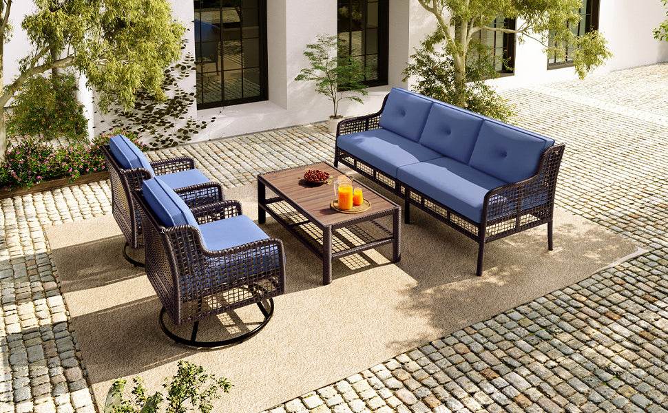 4 - Piece Blue Rattan Wicker Outdoor Patio Furniture Set - Veluna - Omega Lifestyles
