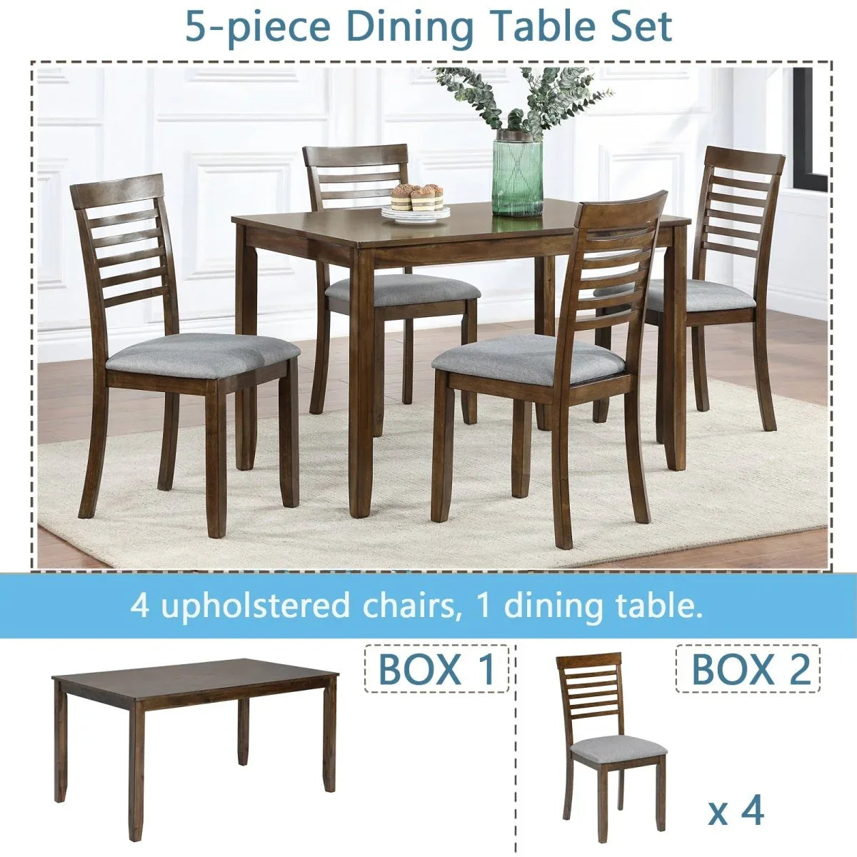 5-Piece Walnut Acacia Wood Rectangular Dining Set - Omega Lifestyles