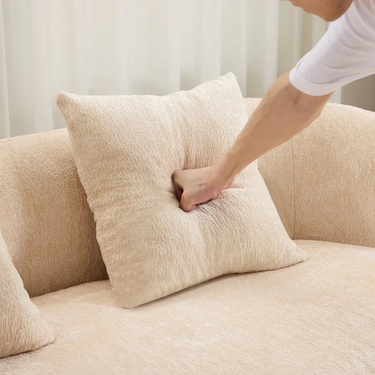 Beige Curved Chenille Loveseat Sofa With Pillows - Omega Lifestyles