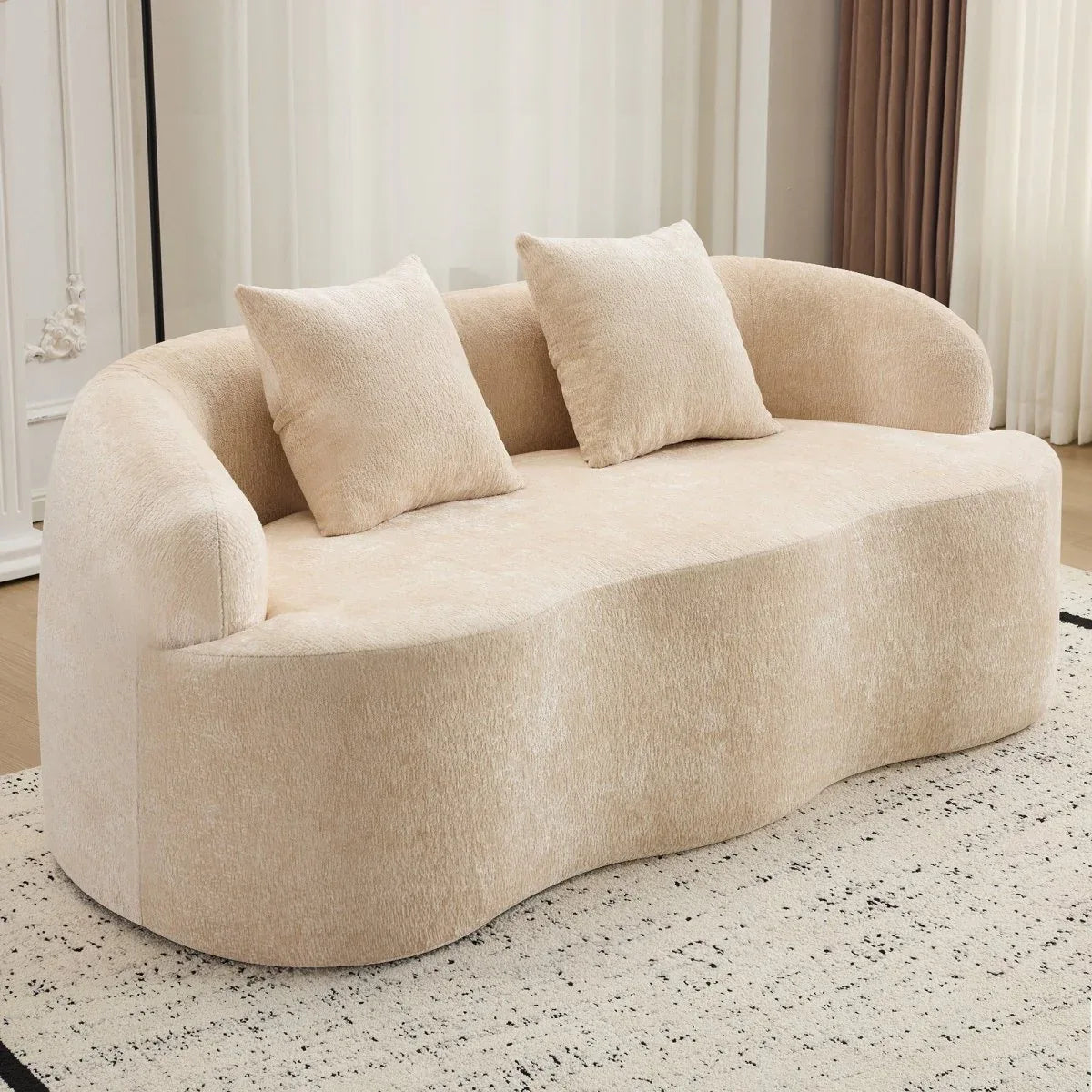 Beige Curved Chenille Loveseat Sofa With Pillows - Omega Lifestyles