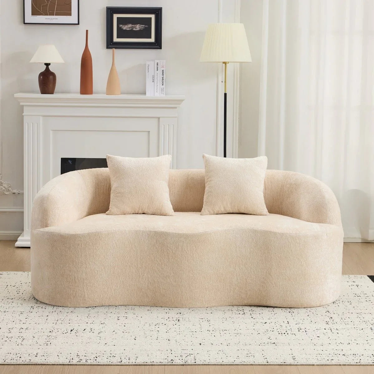Beige Curved Chenille Loveseat Sofa With Pillows - Omega Lifestyles