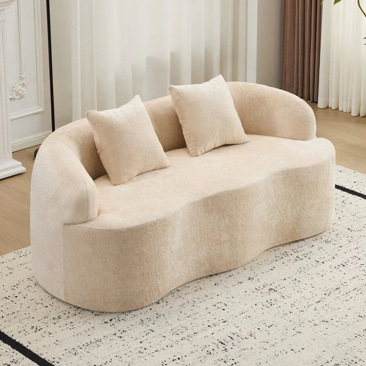 Beige Curved Chenille Loveseat Sofa With Pillows - Omega Lifestyles