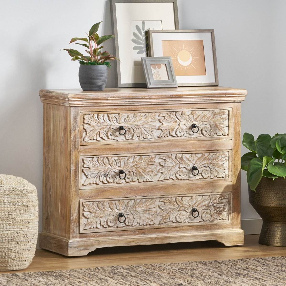 Boho Acacia Wood 3-Drawer Dresser Cabinet - Sleep Galleria