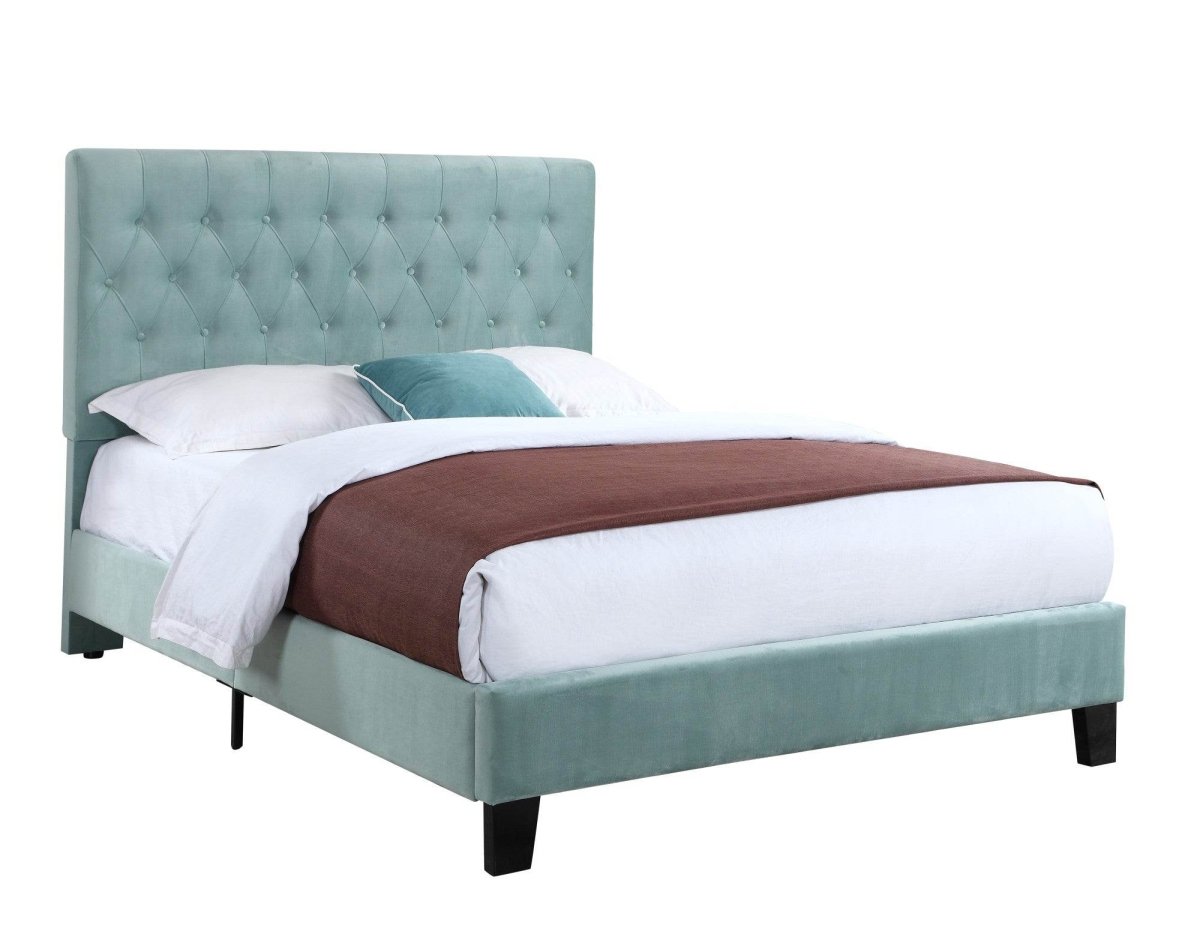 California King Blue Upholstered Solid Wood Bed Frame - Veluna - Omega Lifestyles