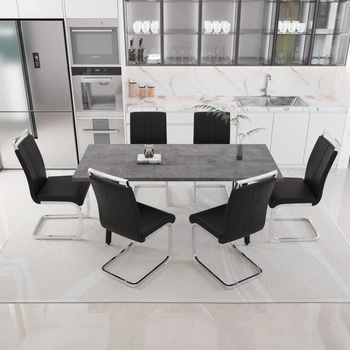 Expandable Modern MDF Dining Table Set With 6 Cushioned Chairs - Omega Lifestyles