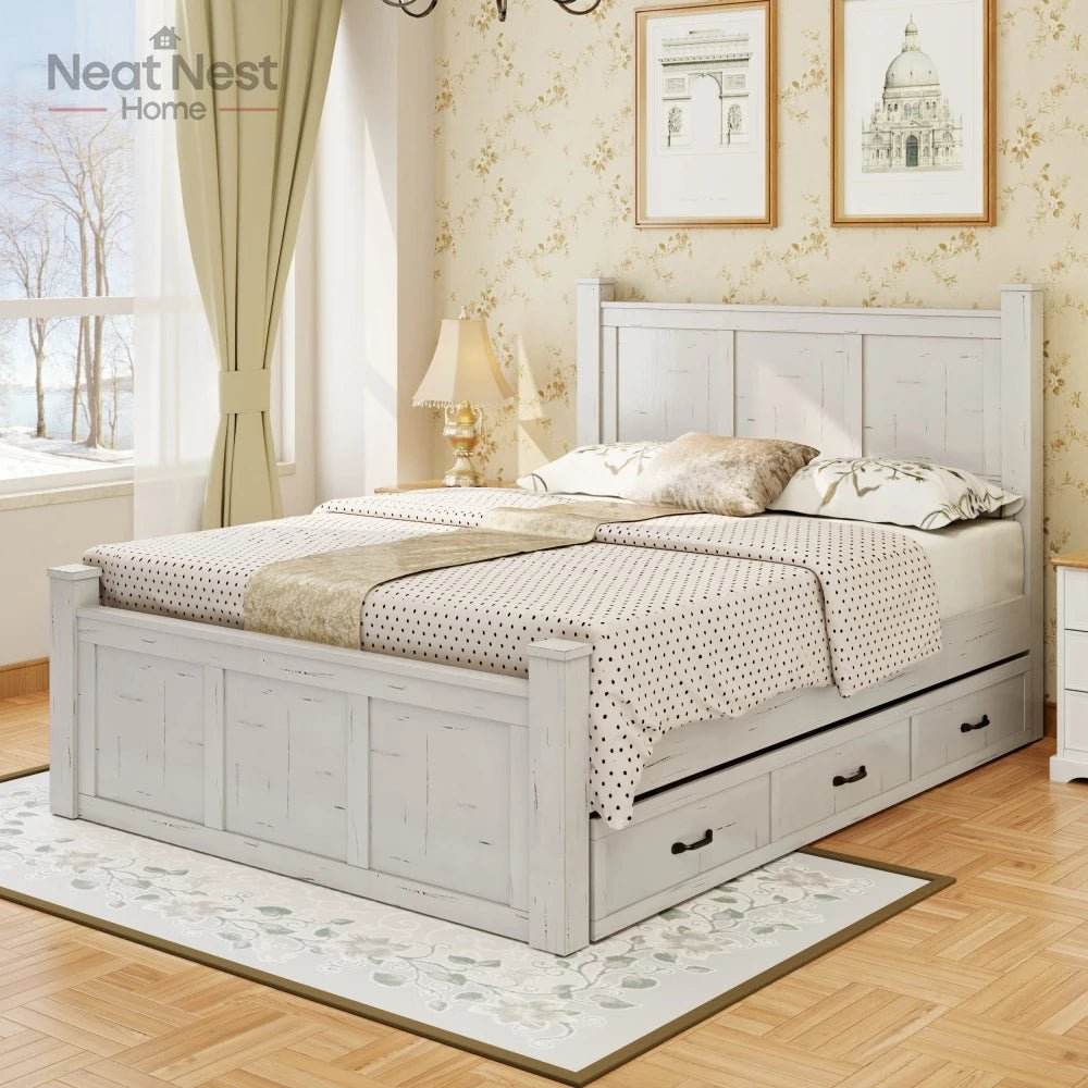 Farmhouse Wooden Panel Poster Bed Frame With Storage Drawers - Omega Lifestyles