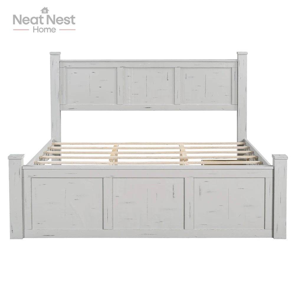 Farmhouse Wooden Panel Poster Bed Frame With Storage Drawers - Omega Lifestyles
