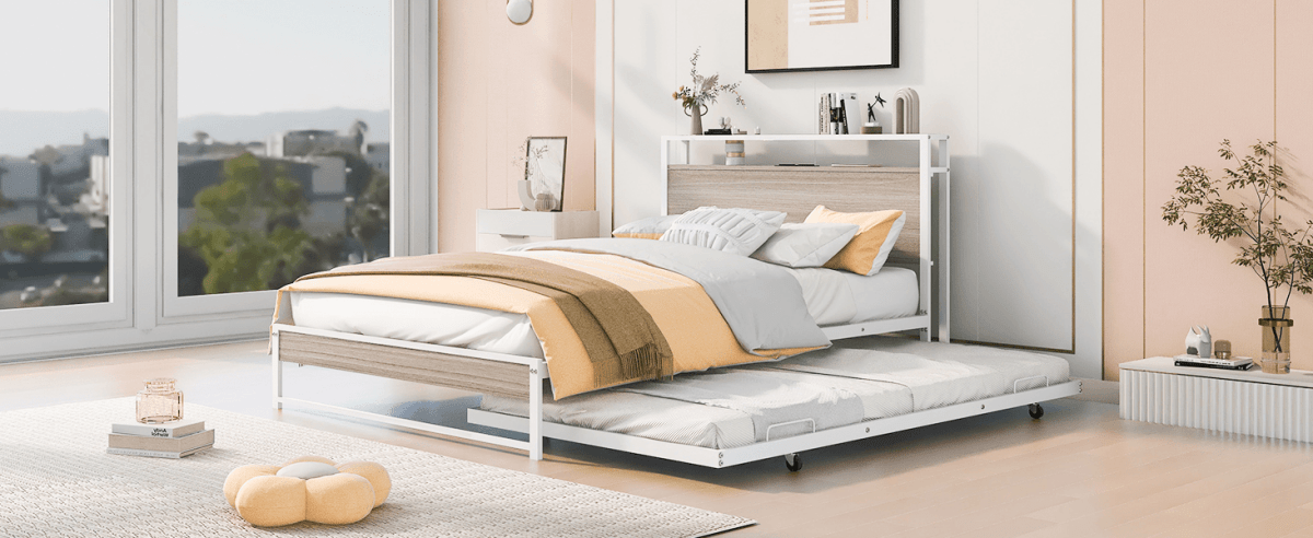 Full Metal Platform Bed Frame With Trundle USB Ports - Sleep Galleria