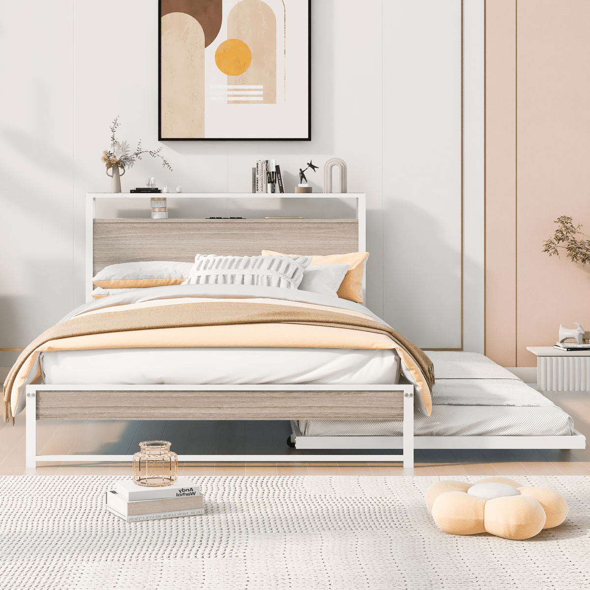 Full Metal Platform Bed Frame With Trundle USB Ports - Sleep Galleria