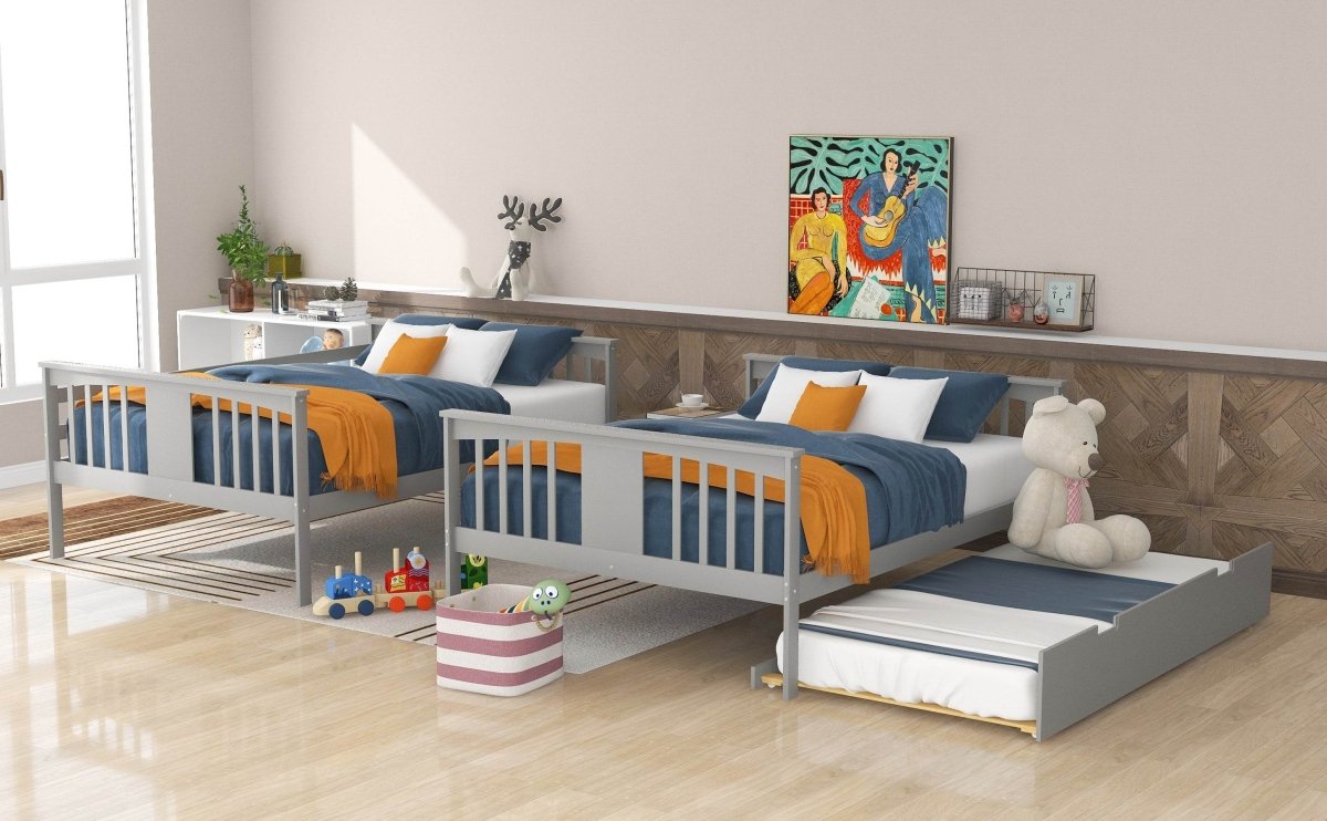 Full Over Full Bunk Bed With Twin Trundle Gray Solid Wood - Veluna - Omega Lifestyles