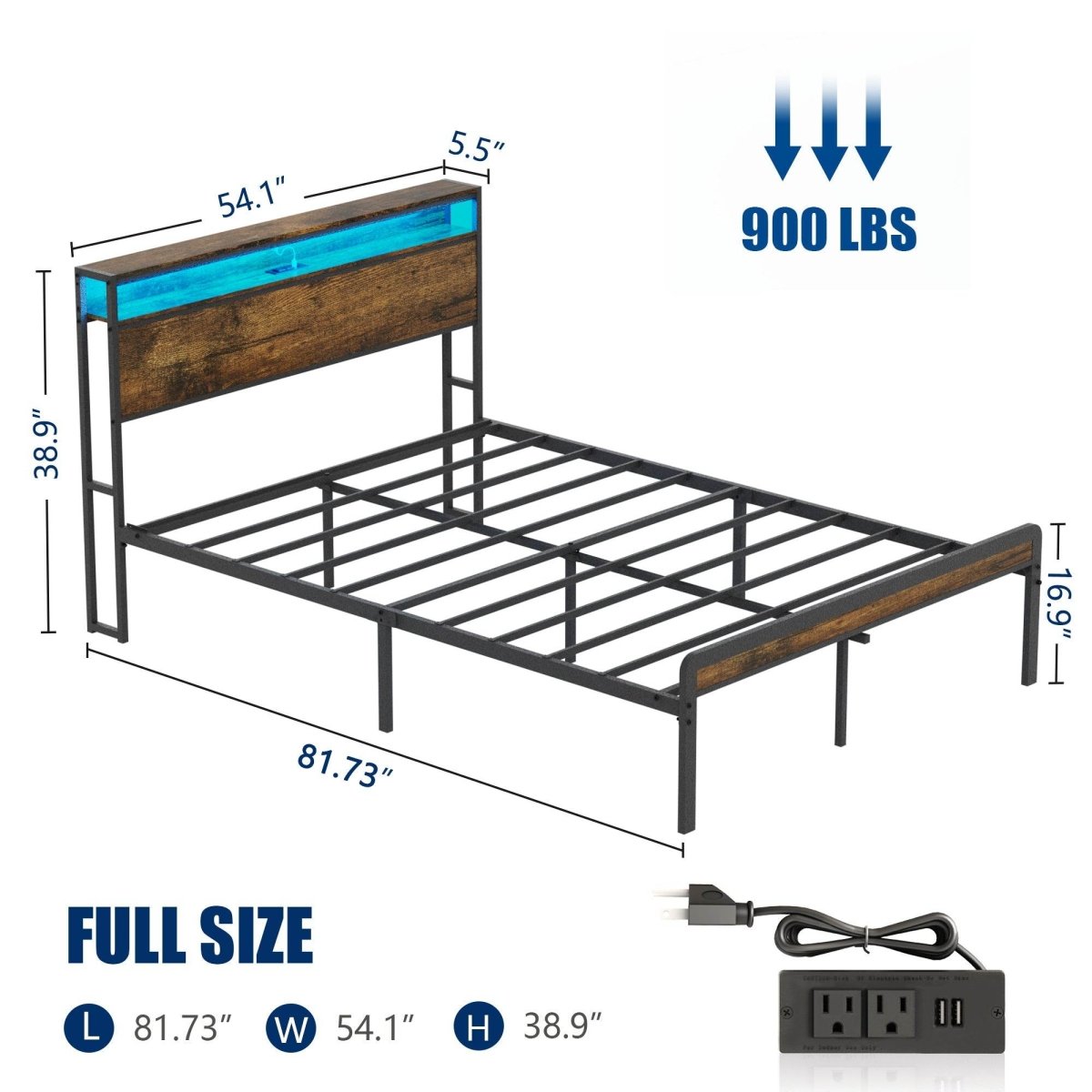 Full Rustic Brown Metal Full Bed Frame With Charging - Veluna - Omega Lifestyles